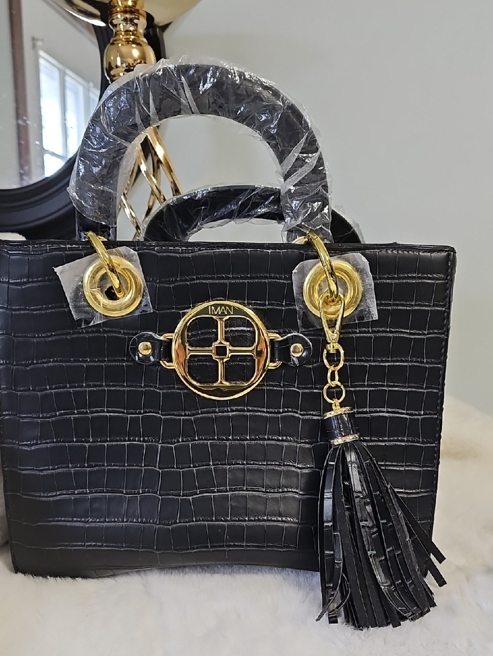 NWOT IMAN Black Croc-Embossed Satchel with Gold-Tone Hardware and Tassel